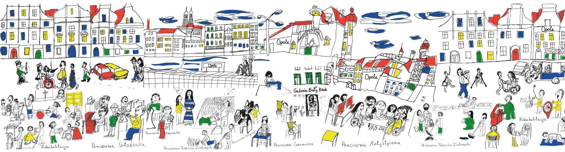 Kolorowy rysunek przedstawiający Opole oraz działalność Fundacji Dom i jej zakładów